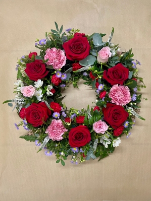 Red, pink and lilac wreath.