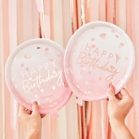 Rose gold balloon shaped party paper plates.
